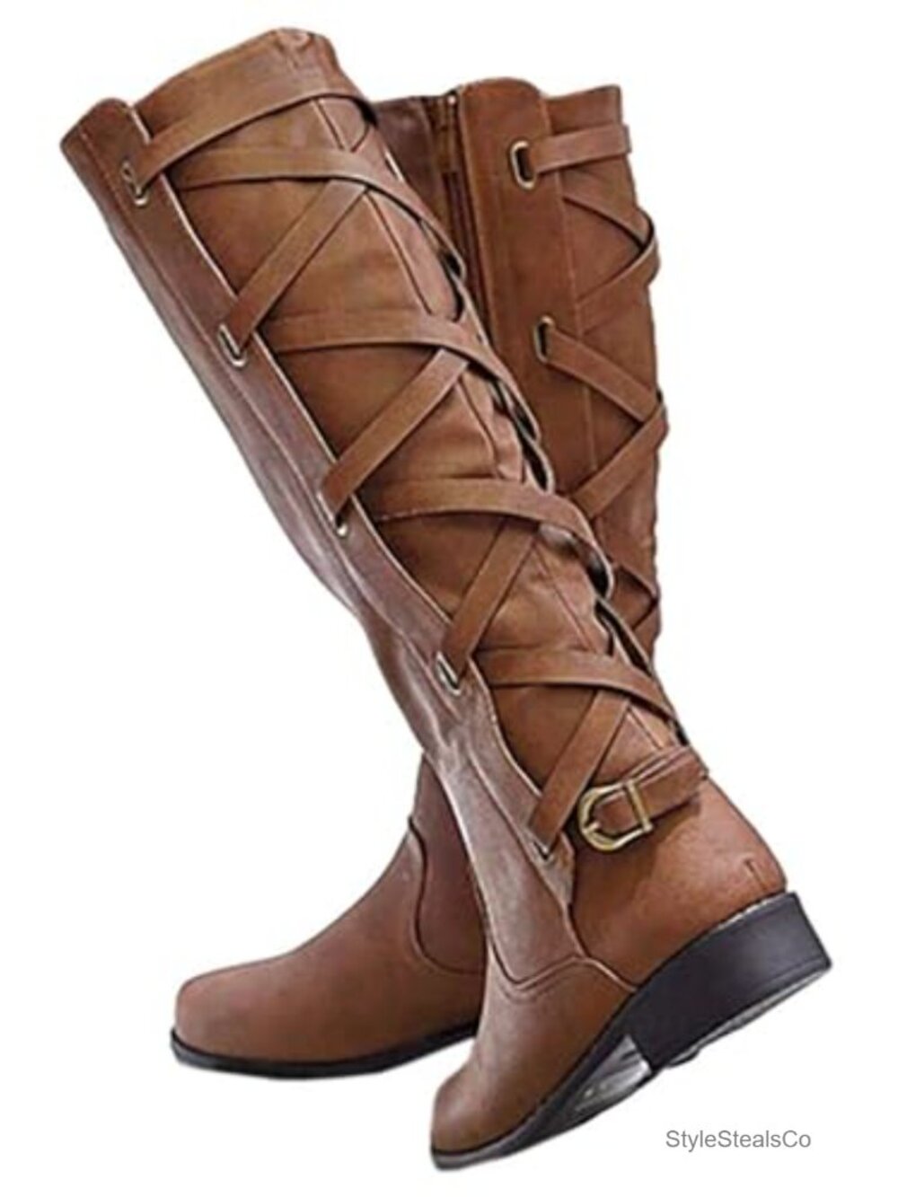 Womens Strappy Motorcycle Knee High Boots Lace Up Riding Flat Low Heel